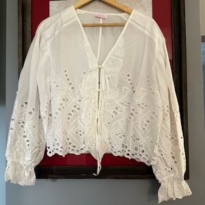 Pink Lily White Eyelet Tie-Front Blouse